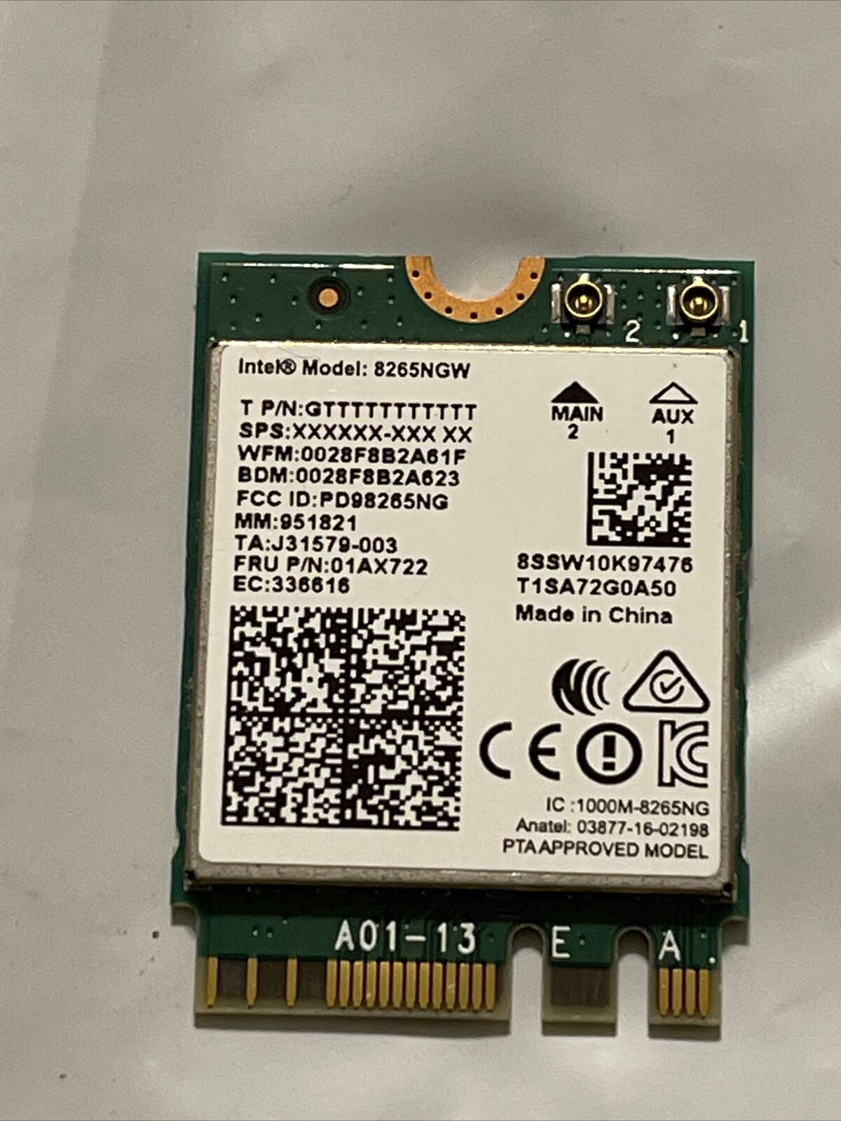 Lenovo ThinkPad X1 Carbon 5th Gen 14"  Wireless WiFi Card 8265NGW ata 01AX722