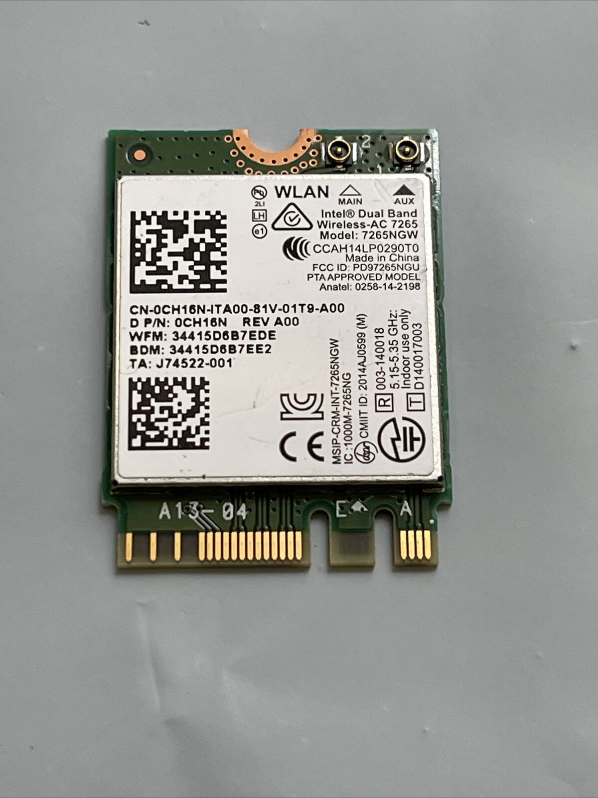 Dell Intel Wireless AC 7265 Dual Band WLAN WiFi Bluetooth4 M.2 Card CH16N 0CH16N
