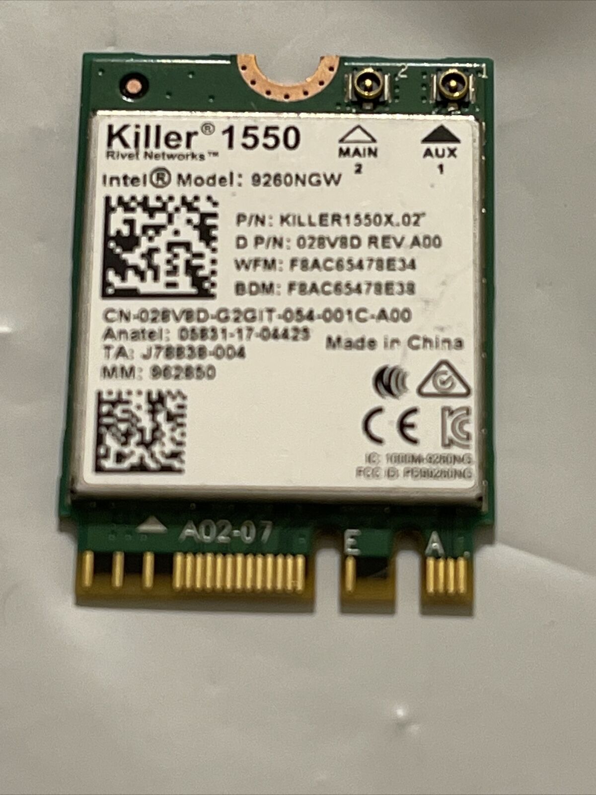 DELL Killer N1550 Wireless G7 7590  Dual Band WLAN WiFi Bluetooth  28V8D 028V8D