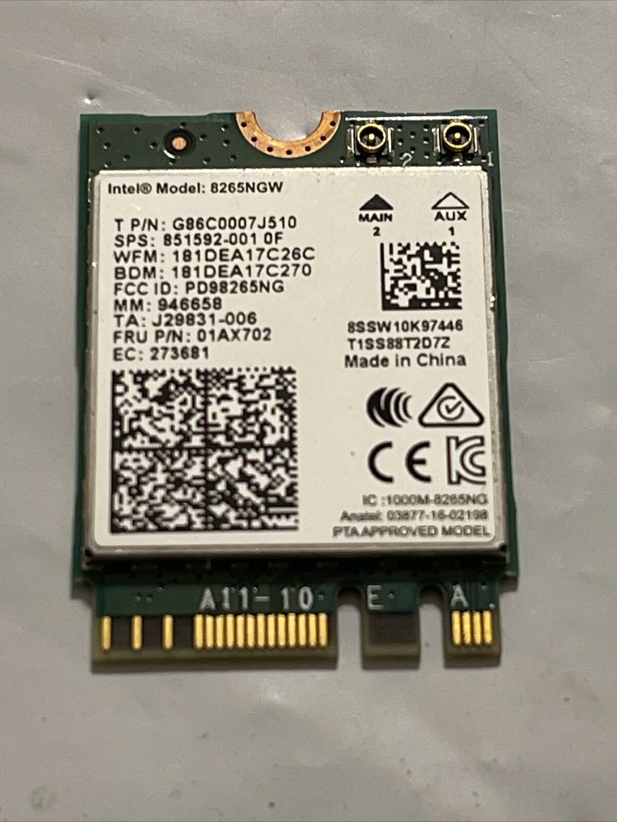 Lenovo ThinkPad X1 14" Carbon 6th Gen  Wireless WiFi Card 8265NGW ata 01AX702